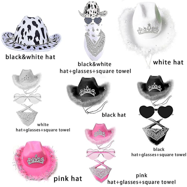 Cowboy Hatut Western Cowgirl Hattu Bandanna Lasit Unisex Cowboy Hattu Syntymäpäiväasu Cosplay Mekko Juhlatarvikkeet White hat*glasses*square towel