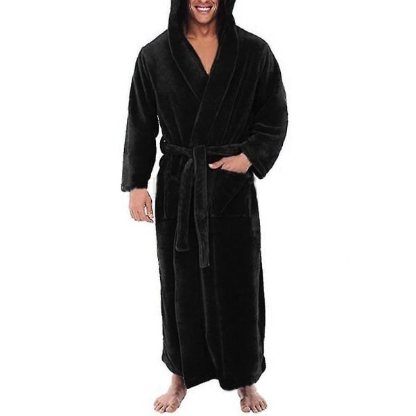 Miesten talvi lämmin hupullinen fleece pitkä aamutakki kylpytakki pyyhkeet kylpytakki Black XL