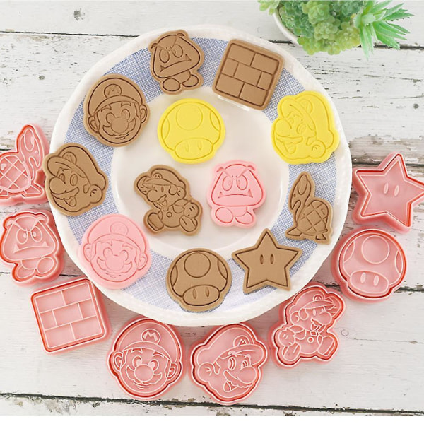 8 stk/sett Super Mario Bros Cartoon Cookie Cutters Former Pregede kakestempler Søtere former For kake Barn Bursdagsfest dekorasjon