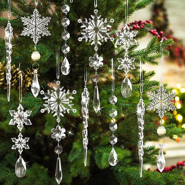 10 stykker julepynt, klar akryl istapper snøfnugg, hengende jule istapper, snøflak dekorasjoner, juletre anheng