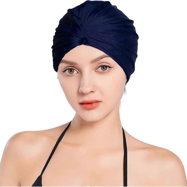 Badehette i stoff, plissert badehette, turbanhatt for kvinner, marineblå