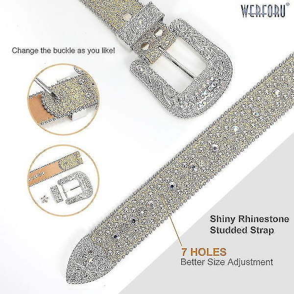 Strassbälte för män kvinnor Western Cowboy Cowgirl Bling dubbat läderbälte för jeansbyxor Golden 105cm(41Inch)