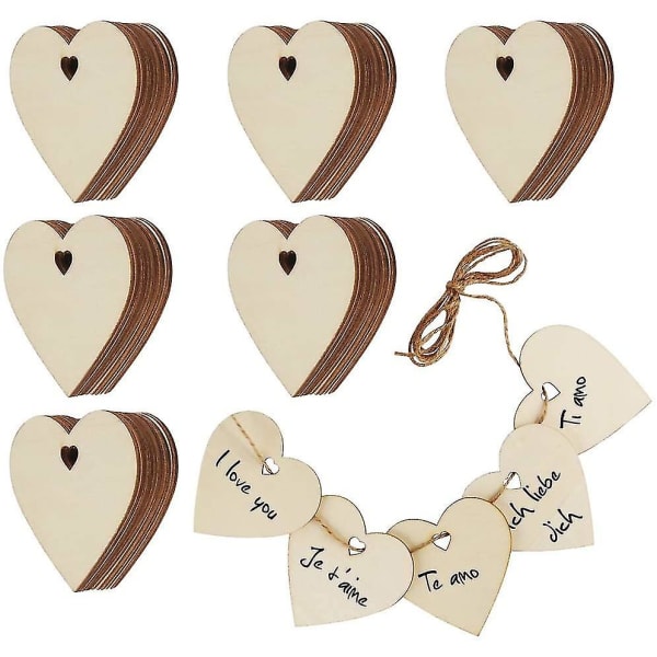 60 stk Hjerteformer av tre Ornamentskiver med hull for bryllup, henge og lage Halloween dekorasjonsmerke - 8 cm