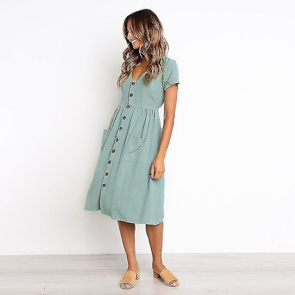 Naisten kesämekot Casual Midi-mekko Lyhythihainen paitamekko V-kaula-aukolla, nappi alas Swing A Line Tunika-mekko taskuilla light blue