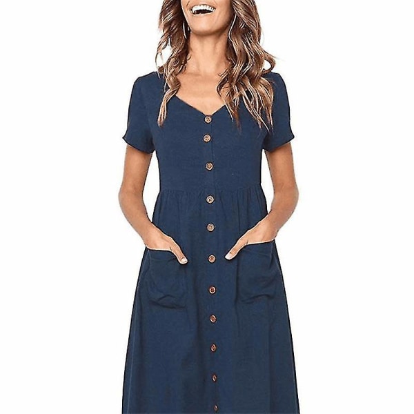 Sommarklänningar för kvinnor Casual midiklänning Kortärmad skjortklänning V-hals Button Down Swing A Line Tunikaklänning med fickor Dark blue