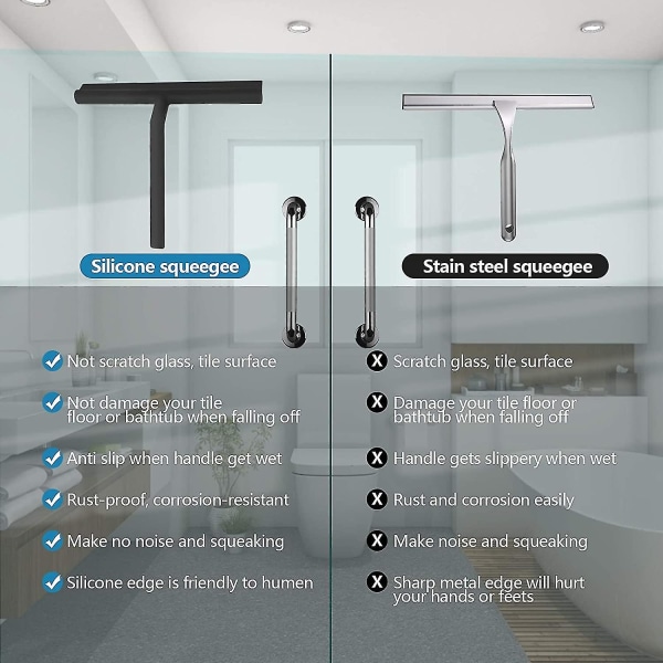 Xceedez duschskrapa för duschdörr i glas, duschvägg, 8,7" silikonskrapa, badrumsskrapa med hängkrok, svart