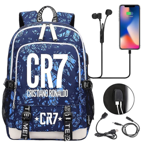 Cr7-reppu teini-ikäisille, jossa kannettavan tietokoneen lokero, USB latausportti, monitoiminen ja vedenpitävä koululaukku suurella päivärepulla - Mochilas 11