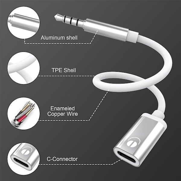 3,5 mm han til type C hun lydkabelledning, analog lydstik til hovedtelefonlydadapter til MP3-afspiller, bærbar computer, tablets