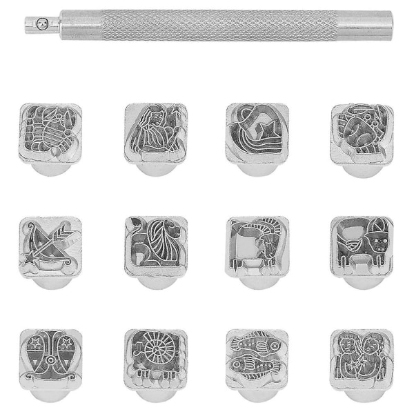 12 stk læder stemplingsværktøj sæt: tolv konstellationer mønster stempel stanseværktøj til DIY læder håndværksstempel silver