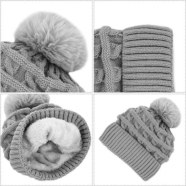 Bobble Hat til Kvinder Vinter Hue Hatte Termisk Fleece Foret Hat Dame Strikket Uld Hatte med Faux Fur Pom Pom Grey