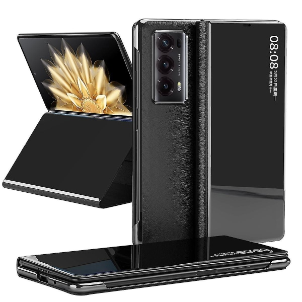 Mirror Surface Anti-dropp phone case för Honor Magic V2 5g Pc View Window Flip Cover med stativ Black