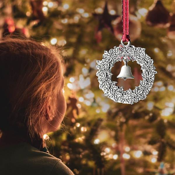 (blomsterkrans och klocka) Julgransdekoration i massiv tenn, julgransprydnader, pysselhänge för jul, fest och högtidsdekoration