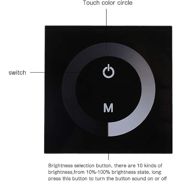 Dc 12v-24v Dimmer Switch Vægmounted Touch Panel Controller, Monokrom Led Strip Lysstyrke Justerbar Dimmer, Touch Screen Led Dimmer Switch (sort)