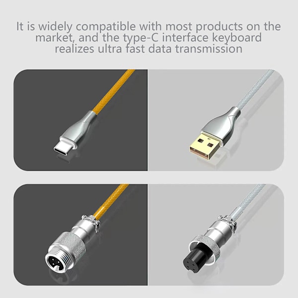 Kierretty USB C-kaapeli pelinäppäimistöön Kaksiholkkinen mekaaninen näppäimistökaapeli irrotettavalla metallilla 1,5 m USB-c USB-a-liittimeen Yellow