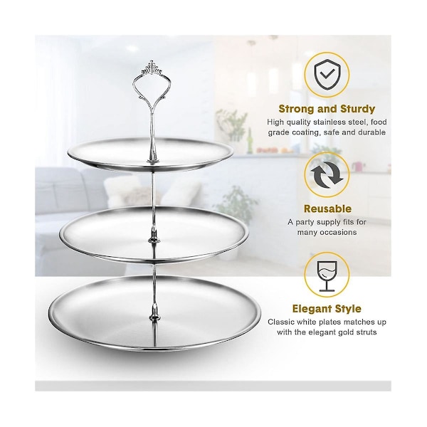 Tårtställ i rostfritt stål Tiered Cupcake Stand 3-vånings serveringsfat Bordsdisplay Cupcake Tower Ca Silver