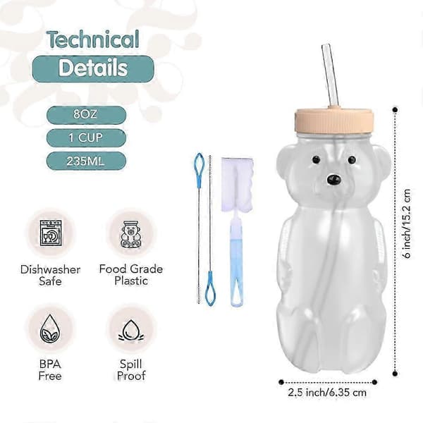 Honey Bear Sugrörsmugg för bebisar, 8 oz HoneyBear-mugg med lock, 3-pack terapiinlärning Honey Bear Sugrör, Babyflaskset