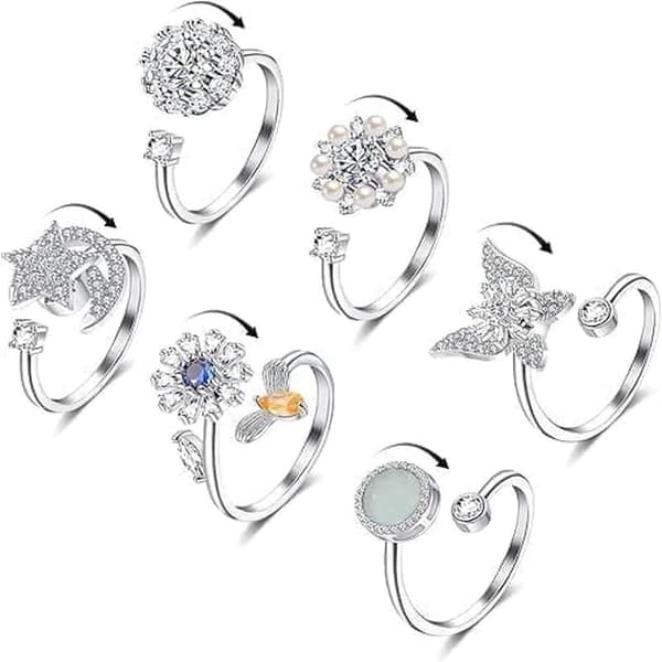 Stress Ring 6-pack - Adjustable Anxiety Ring & Fidget Ring for Women Silver Silver 6st