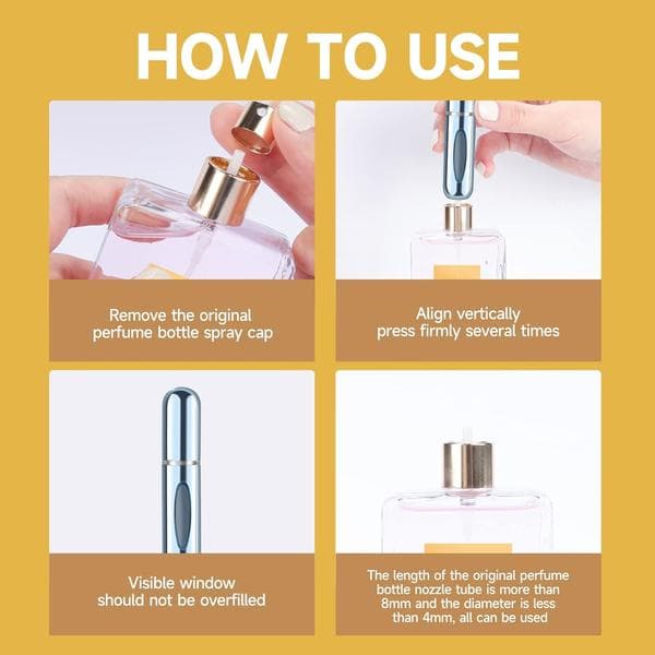 Refillable Perfume Portable Atomizer Bottle, Reusable Perfume Spray, with Refill Pump Kit for Travel and On-the-Go Use (5ml, 4 Pieces)