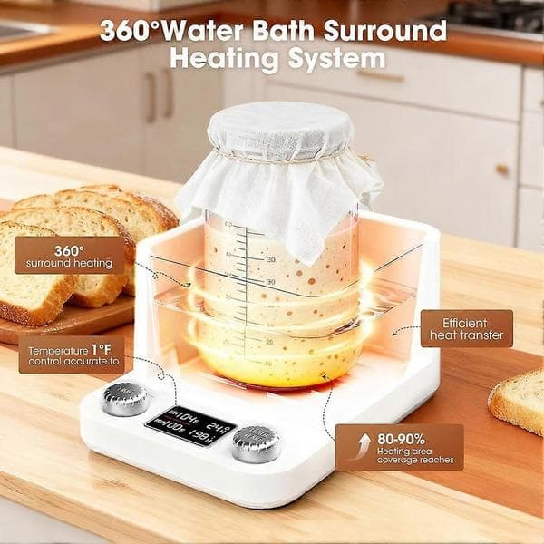 Surdejsstartervarmer Vandbad Præcis 1°F Termostat (70-104°F) Surdejsvarmer til Glas Under 50 Oz EU Stik White Eu plug