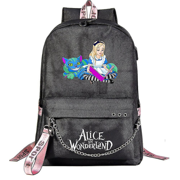 Alice In Wonderland Ryggsekk For Barn, Gutter, Jenter, Kvinner og Menn Skolebokveske i lerret med USB-ladeport og kjede Laptop-sekk, bokveske 2