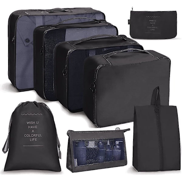 8-pack Organiser Set för Resväskor, Förvaringsväskor, Packningskuber, Resepåsar, Presenter Black