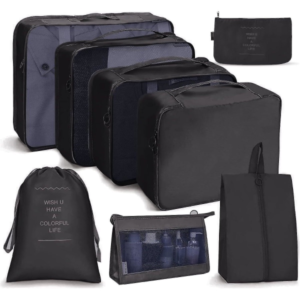 8 stk Organizer Sæt Bagage Kuffert Opbevaringstasker Pakning Rejseterninger Gaver Black