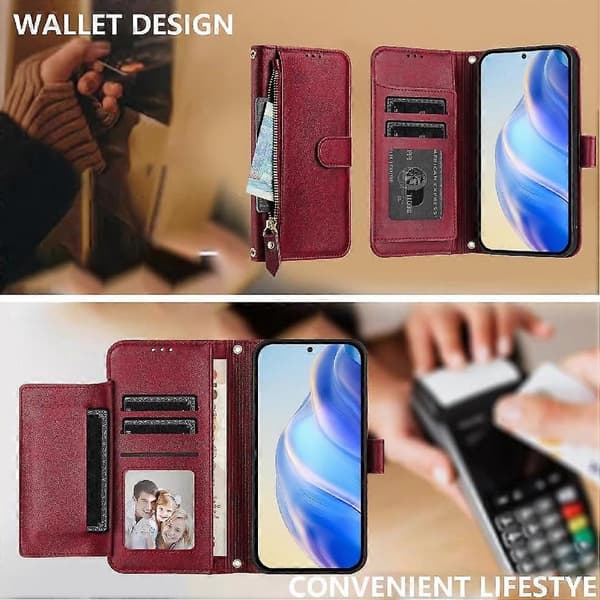 Plånboksfodral för iPhone 18 Pro i PU-läder med flik, fullt skydd, kortfack, blixtlåsficka, handledsrem och stativ red