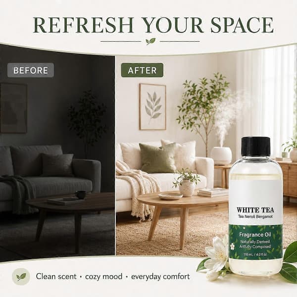 Hvid Te Diffuser Olie 118ml Æterisk Olie til Ultralyds- og Vandfri Diffuser, Luftfrisker & Rumspray Langtidsholdbar med noter af Te 1pc