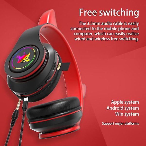 Devil Ear Trådlösa Hörlurar Gamer Flicka Pojke Rgb Söta Kattöron Headset Med Mikrofon red devil