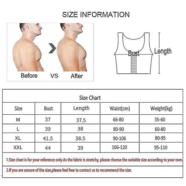 Män Gynecomastia Shaper Ny bantning Bröstkontroll bröst Shapewear Underkläder Maggörlar Krokkontroll Hook Black M