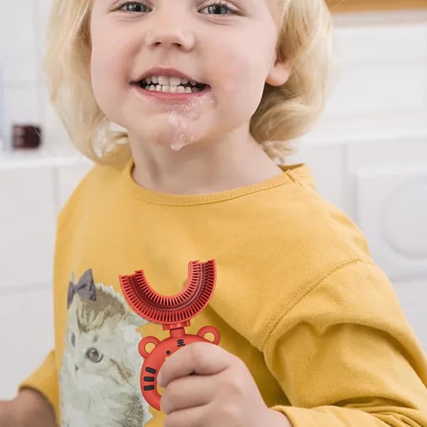 Generisk U-formet børnetandbørste - Cartoon Tiger Kids tandbørste - Blødt silikonebørstehoved til 360-graders oral tandrensning, manuel tandbørste