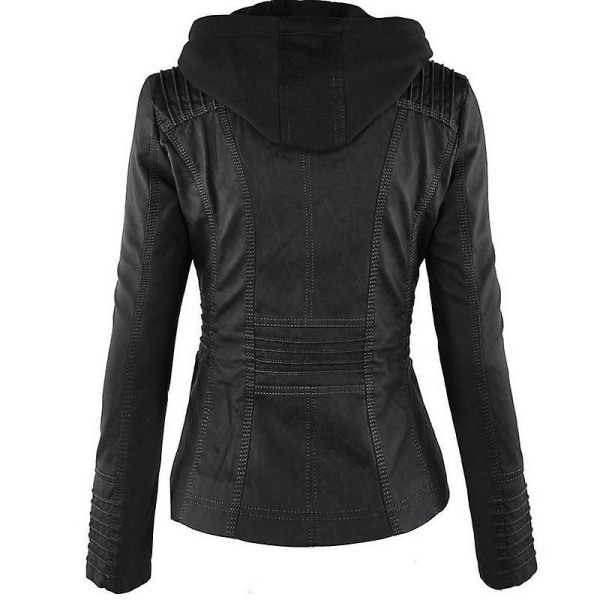 Naisten moottoripyörän hupullinen Pu-nahkainen pyörätakki takki päällysvaatteet Black 2XL