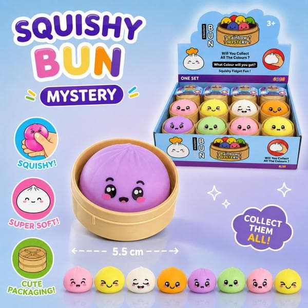 Dumpling Squishy Mystery Box 5,5 cm – Kawaii Fidgetlegetøj & Stressbold til Børn +3 år