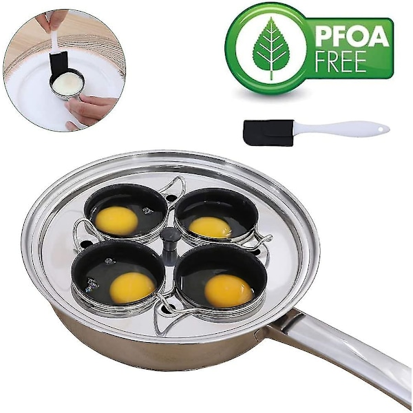 4 kopper egg pocher panne - rustfritt stål posjert eggkoker induksjon komfyrtopp egg poachers kokekarsett med 4 nonstick store silikon egg pocher kopper+gratis silikon slikkepott