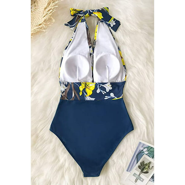Kvinders Halter One Piece Badedragt, der holder dig ledsaget Badetøj, Gul blomster, XL