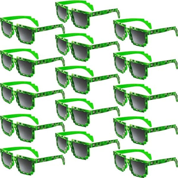 15-par Pixel Retro Gamer Robot Solbriller Pixel Solbriller Pixelated Solbriller Bursdagsfestfavoritter for barn og voksne (grønn)