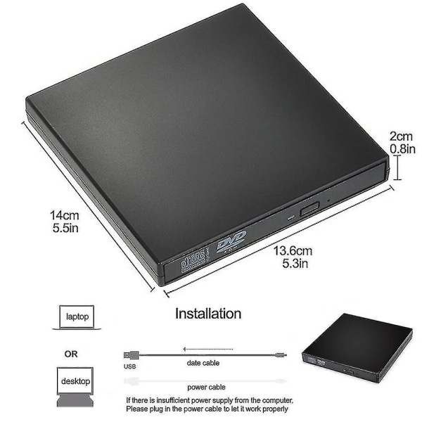 Eksternt Cd/dvd-drev, Usb 2.0 Slim Protable eksternt Cd-rw-drev Dvd-rw-brænder Brænderdrev til bærbar pc Desktop-computer, sort