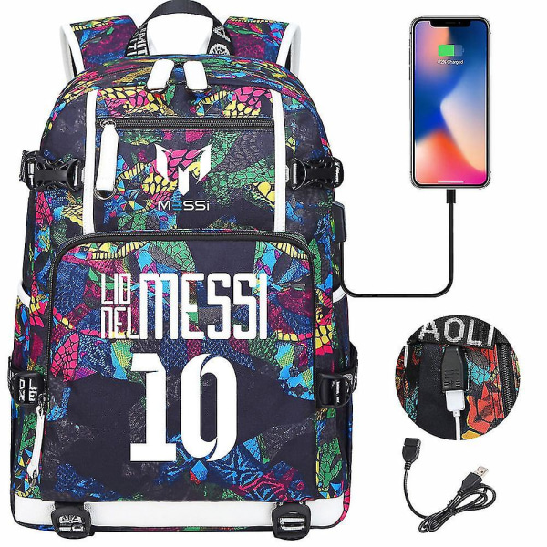 Jalkapallo Messi Reppu | Vedenpitävä matkalaukku | Mukana USB -laturi | Musta koululaukku | Suuri kapasiteetti matkustamiseen ja kouluun