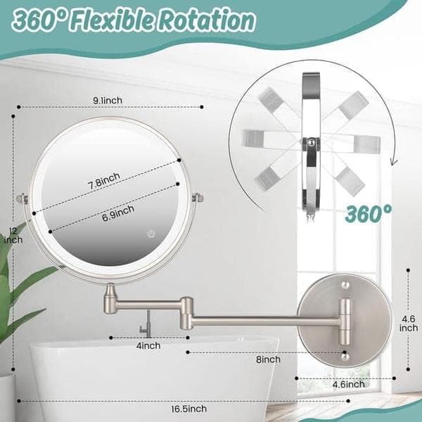 Wall-mounted makeup mirror with lighting - 8 inch, 3x/10x magnification, dimmable with 3 light modes, 360° rotatable double-sided mirror Silver Silver 10X
