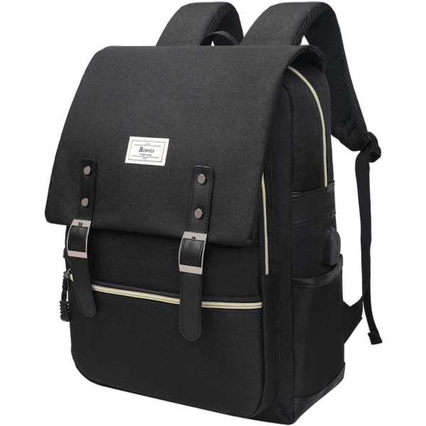 Collegetaske Passer til op til 15,6'' Laptop Casual Rygsæk Vandtæt Business Travel Skolerygsæk Daypacks med USB Unisex (All Black) All Black