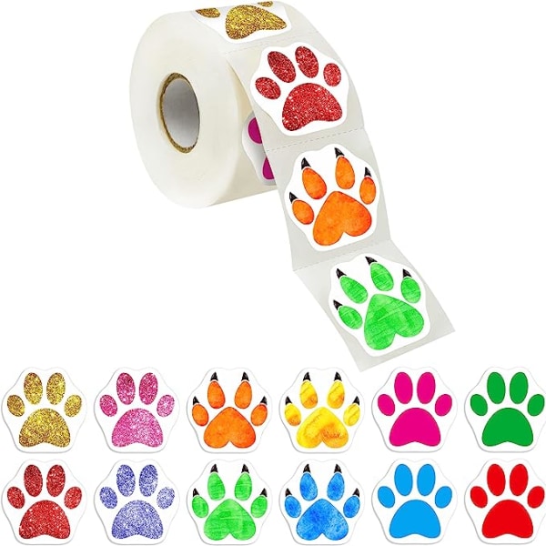 500 stk. Puppy Paw Print-klistermærker, 12 farverige dyredekaler til børn Håndværksgaver, festlokale dekoration, konvolutforseglinger (1" i diameter)