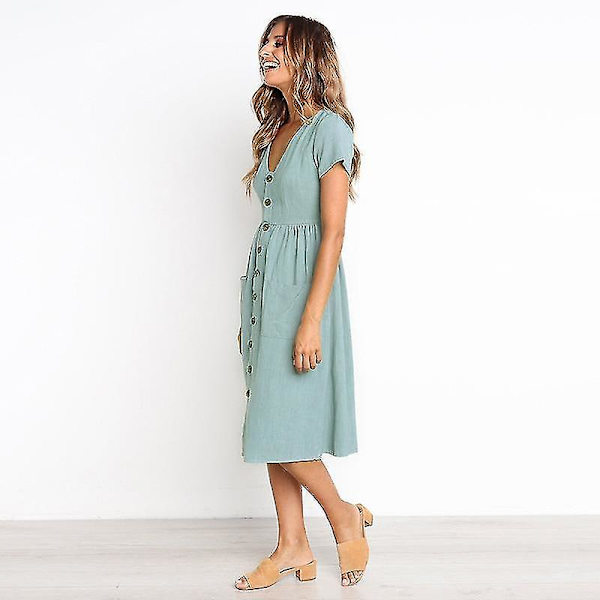 Naisten kesämekot Casual Midi-mekko Lyhythihainen paitamekko V-kaula-aukolla, nappi alas Swing A Line Tunika-mekko taskuilla light blue