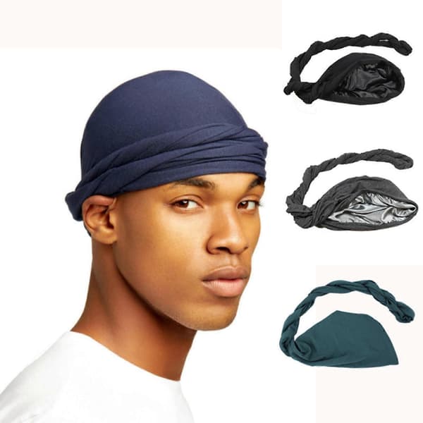 Herreturban, Halo satengfôrede hodeplagg, elastiske Durags med lange vridde stropper, kul lue light grey 60cm-62cm