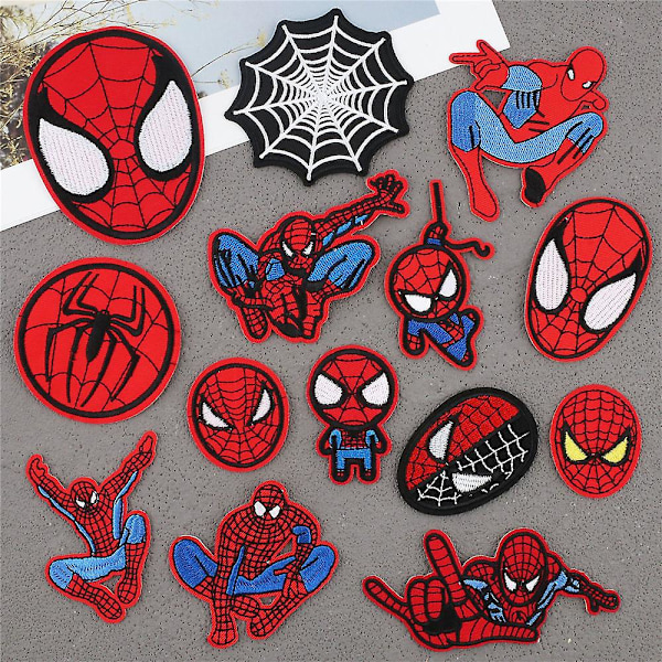 14 stk Spider-Man-serie broderte lapper, sy på eller stryke på dekorative lapper applikasjon for klær, kjole, lue, jeans, veske, DIY-tilbehør