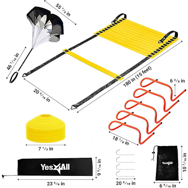 Ultimate Combo Agility Ladder set Speed ​​Agility Tikkaat 12 säädettävää puolta, 12 agilitykartiota ja 4 teräspuikkoa - mukana kantolaukku D  Combo Yellow
