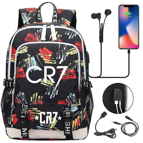 Cr7 ryggsäck för tonåringar, bärbar USB laddning, multifunktionell vattentät skolväska Kapacitet dagssäck Mochilas 7