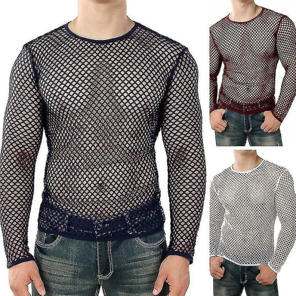 Sexet herre T-shirt Mesh Fishnet Ærmeløs undertrøje Top A Navy M