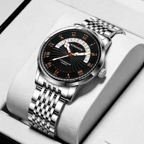 Nyt mode ormehul lysende stålrem ur Black dial Silver steel strip