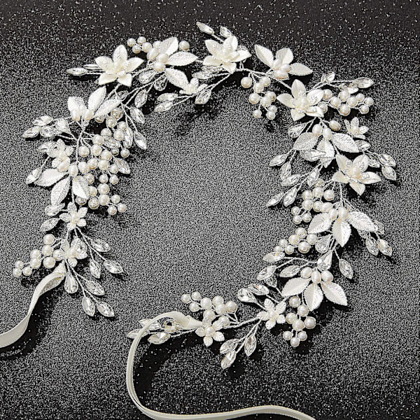 Handgjorda strass bröllopshårband Blombladsbröllopshuvudstycken för bröllopspärlhårtillbehör (silver)