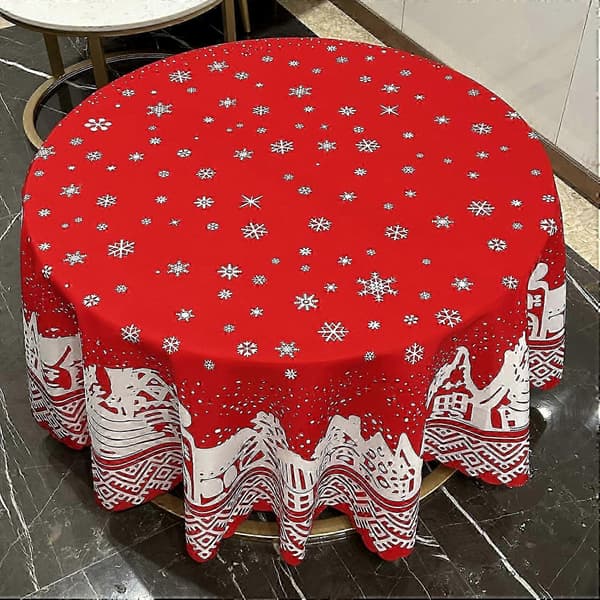 Rund juledug vaskbar polyester snefnugmønster rød, diameter 120 cm